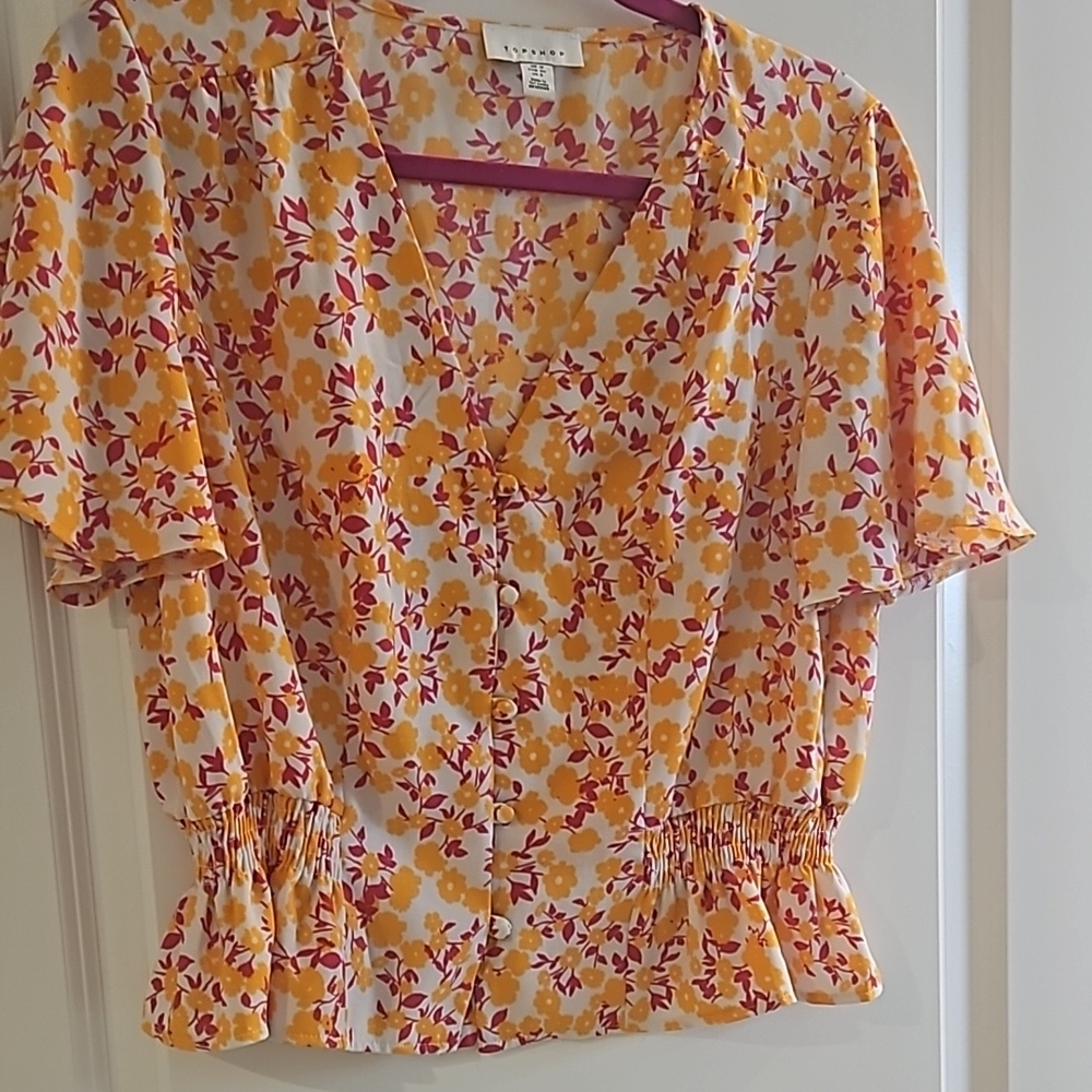 Topshop multicolored floral print blouse with collar and short sleeves